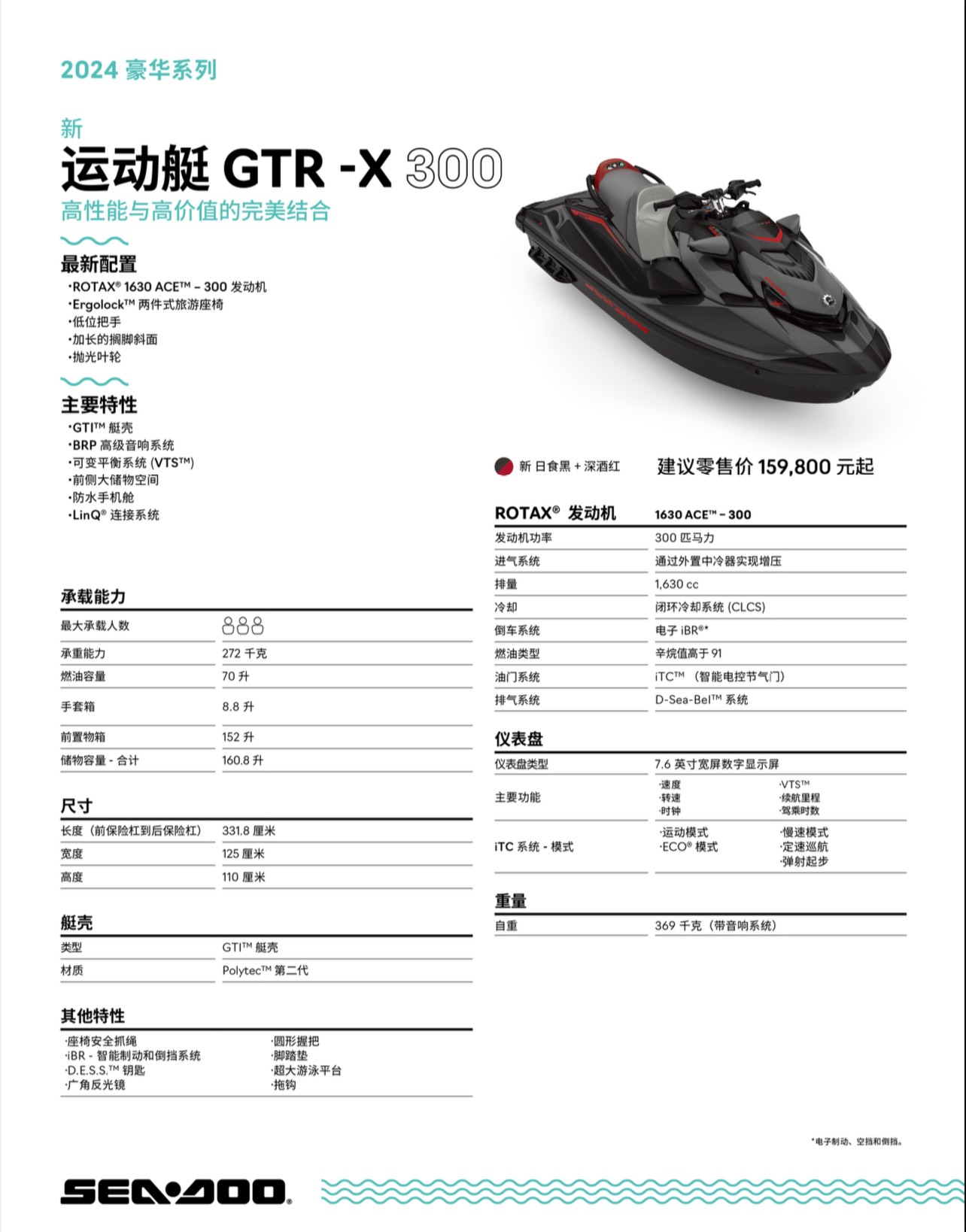 全新2024款庞巴迪SEADOO G T R - X 3 0 0 水上摩托艇