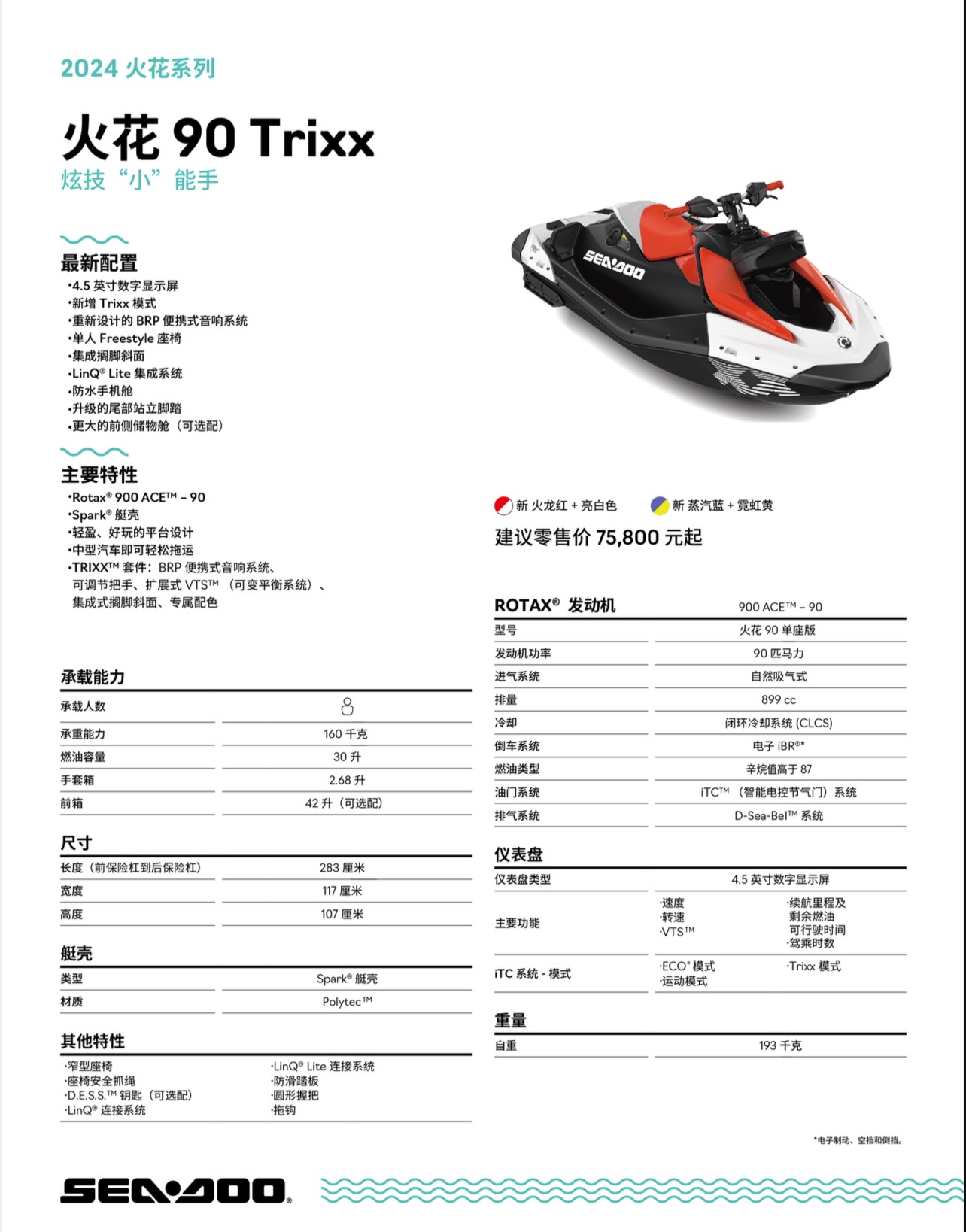 全新2024款庞巴迪SEADOO SPARK火花90匹水上摩托艇